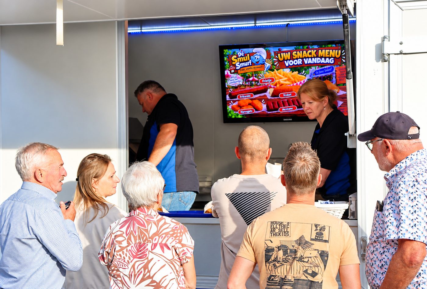 Gasten bestellen aan de balie van de frietwagen
