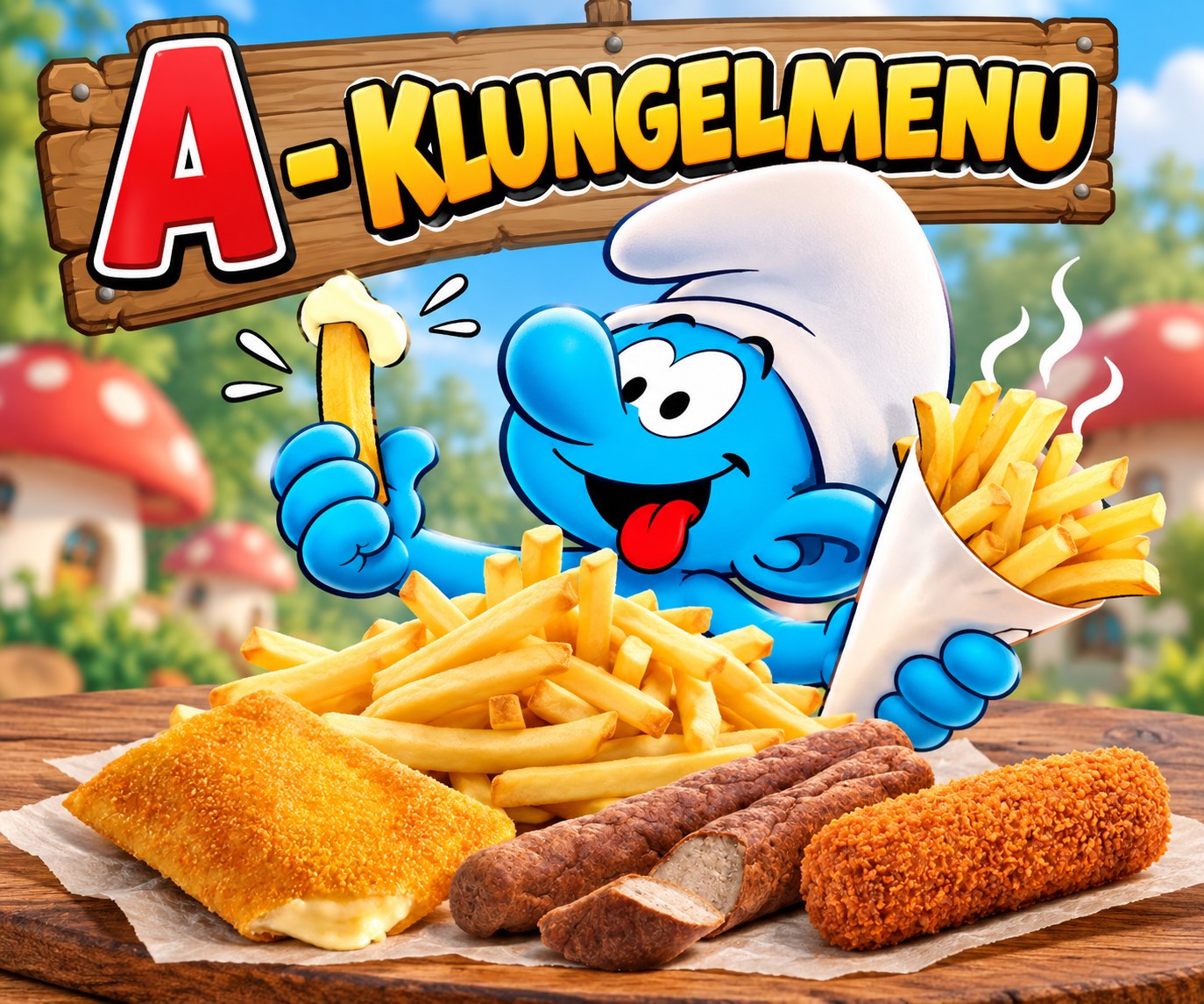 Menu A, het Klungelmenu: onbeperkt friet, frikandel, kroket en kaassouffl&eacute;