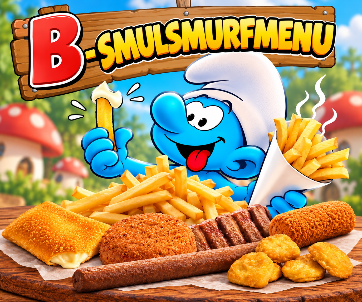 Menu B, het Smulsmurfmenu: onbeperkt friet, frikandel, kroket, bamischijf, kaassouffl&eacute;, kipnuggets en mexicano